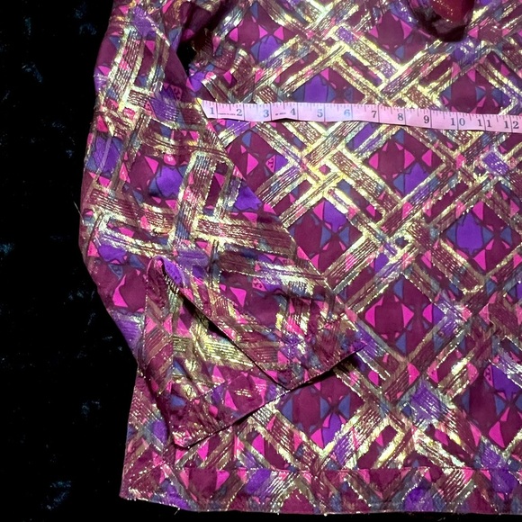 Tory Burch - Pink & Metallic Gold Print Silk long sleeve Blouse - Picture 6 of 8